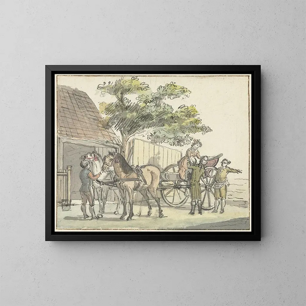 Coche con dos caballos en la posada De Donkere Kuil cerca de Haarlem - Reinier Vinkeles — cuadro enmarcado en la pared