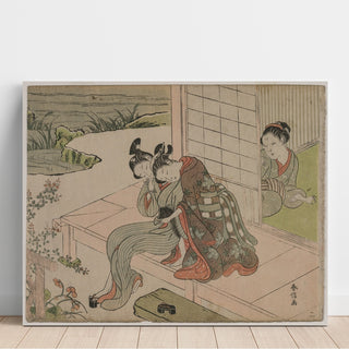 Reproduction Femme observant un jeune couple s'embrasser sur une véranda - Suzuki Harunobu