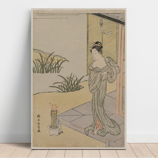 Reproduction Jeune femme regardant un pot d'œillets - Suzuki Harunobu