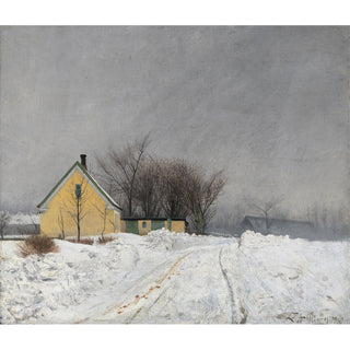 Reproduction Journée d'hiver brumeuse, À gauche, une maison jaune, Neige épaisse - Laurits Andersen Ring