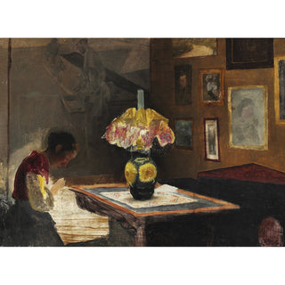 Reproduction L'épouse de l'artiste Sigrid cousant à la lumière de la lampe - Laurits Andersen Ring