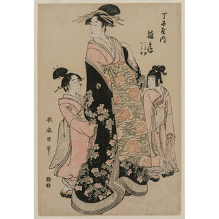 Reproduction La courtisane Hinazuru de Chojiya avec ses suivantes Tsuruji et Tsuruno - Kitagawa Utamaro