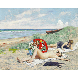 Reproduction To Piger og en Japansk Parasol på Hornbæk Strand - Paul Fischer