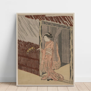 Reproduction Une fille s'habillant en rose - Suzuki Harunobu