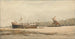 a boat and a barge moored in a river - Richard Henry Nibbs — artwork view
