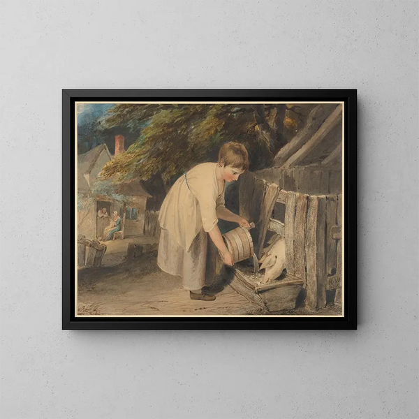 Niña alimentando cerdos - Richard Westall — cuadro enmarcado en la pared