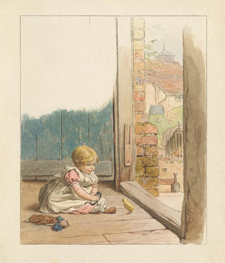 Robert Barnes - Baby Girl with Doll Watching Chick.webp