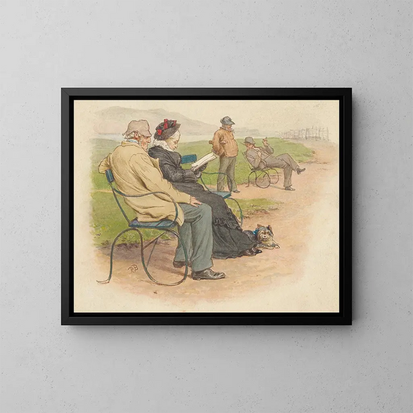 an elderly couple on a park bench with two men in the distance - Robert Barnes — framed artwork on a wall