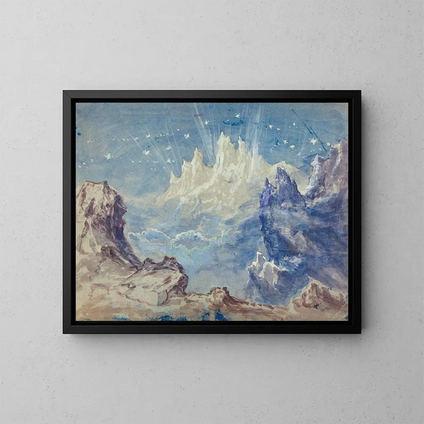 Mountainous fantasy landscape with a starry sky - Robert Caney — framed artwork on a wall