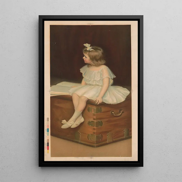 Young girl in a white and blue dress sitting on a chest reading a book - Robert Chapman Co — framed artwork on a wall