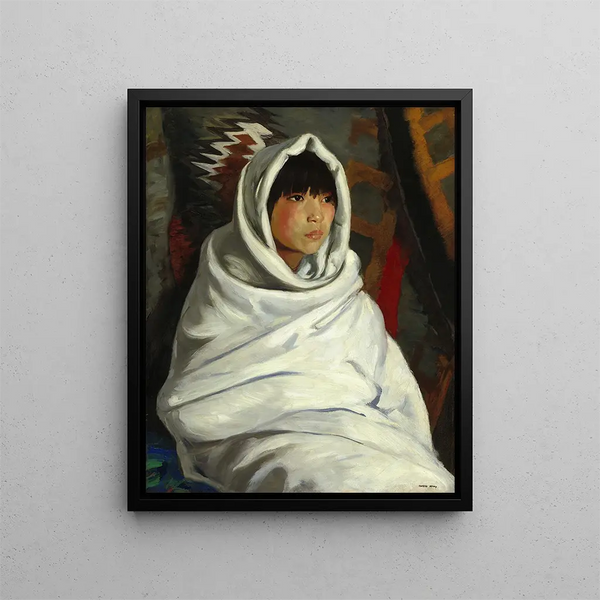Indian girl in a white blanket - Robert Henri — framed artwork on a wall