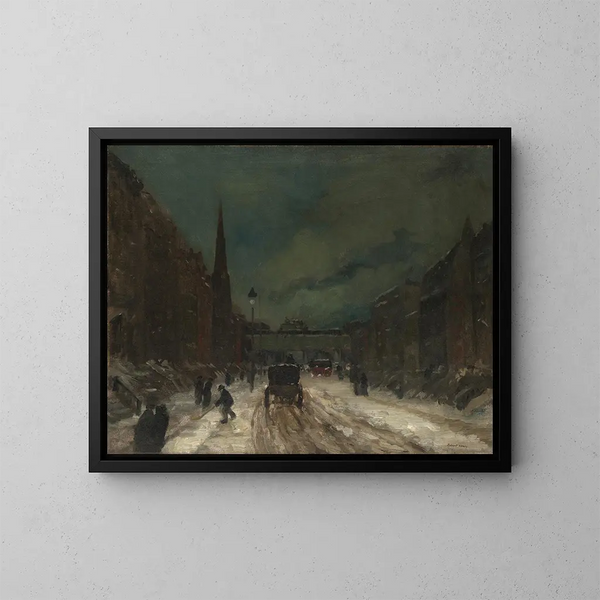 Scene of a street with snow, 57th Street, NYC - Robert Henri — framed artwork on a wall