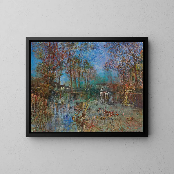 Paisaje con grupo de caballos - Robert Russ — cuadro enmarcado en la pared