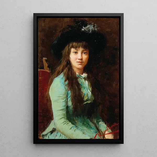 Retrato de una niña con un sombrero de plumas - Roberto Fontana — cuadro enmarcado en la pared