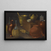 Nature morte avec deux bouteilles en verre couvertes d'osier, un pot en terre cuite renversé, une selección d'autres récipients y una bota de zanahorias - Rodolfo Lodi — cuadro enmarcado en la pared