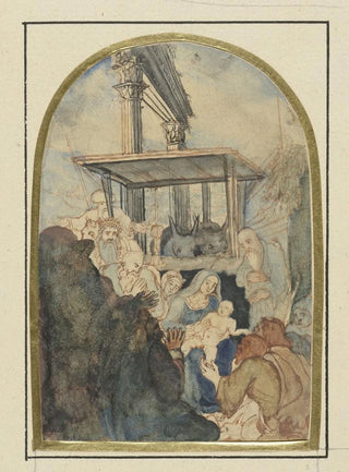 Rodolphe Bresdin - Studie voor een aanbidding der koningen op de achtergrond een rune met twee Corinthische zuilen.webp