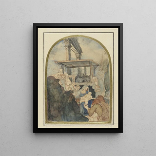 Rodolphe Bresdin - Studie voor een aanbidding der koningen op de achtergrond een rune met twee Corinthische zuilen.webp