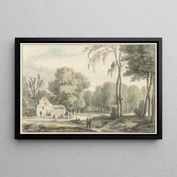 Roelant Roghman - Landschap met een reiswagen voor een boerderij.webp