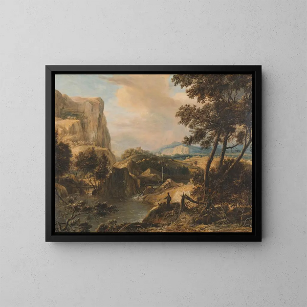 Paisaje montañoso con un pescador - Roelant Roghman — cuadro enmarcado en la pared