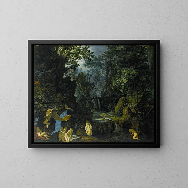 Un paisaje forestal con ninfas bañándose y Leda y el cisne - Roelant Savery — cuadro enmarcado en la pared