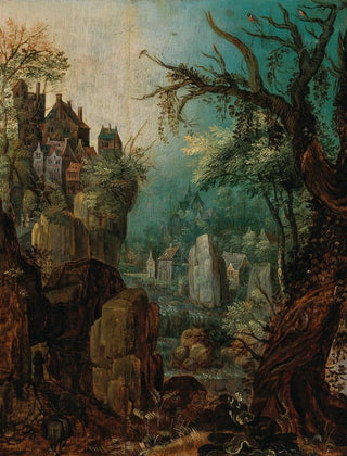 Roelant Savery - A mountainous river landscape with a peasant leading two donkeys a village beyond.webp