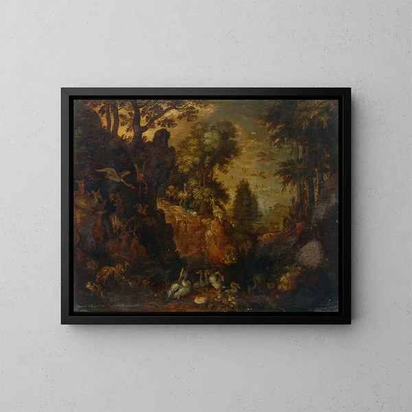 Un paisaje boscoso rocoso con aves, ciervos y otros animales - Roelant Savery — cuadro enmarcado en la pared