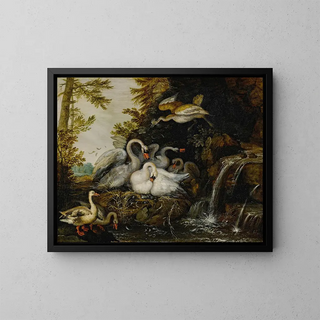 Roelant Savery - Landscape with swans near a waterfall.webp