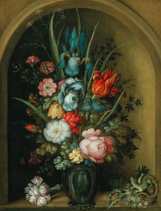 Roelant Savery - Mixed flowers in a glass vase with a lizard nearby.webp