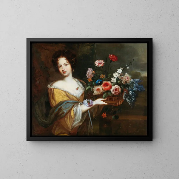 Una joven mujer llevando una cesta de flores - Escuela de Roma — cuadro enmarcado en la pared