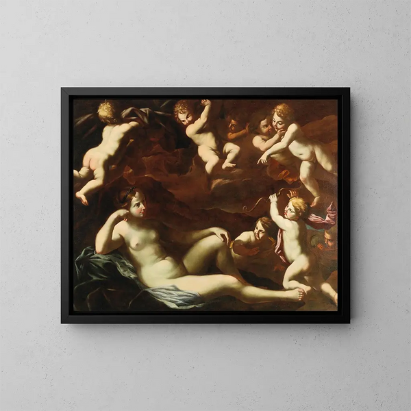Venus y Cupido con narcisos - Escuela de Roma — cuadro enmarcado en la pared