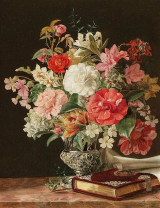 Rosalia Amon - A Bouquet of Flowers with Camellias in a Silver Vase.webp