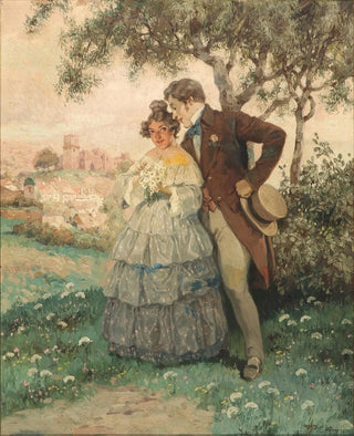 Rudolf Alfred Hger - Krestepar under tret I baggrunden byen Drnstein.webp