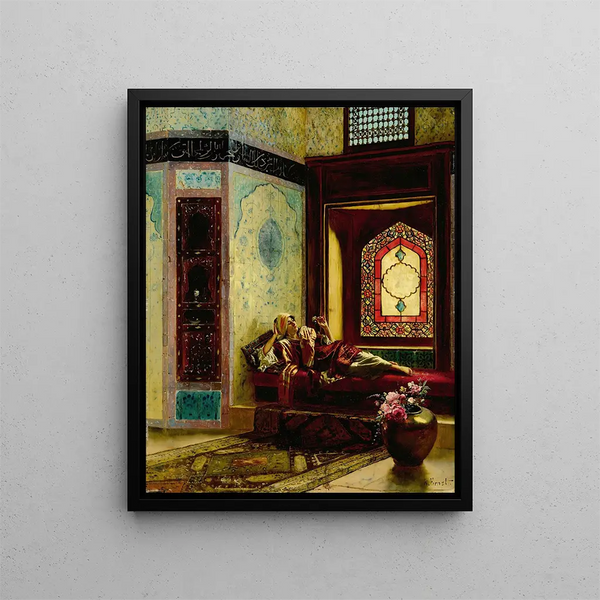 dama oriental soñolienta con una rosa - Rudolf Ernst — cuadro enmarcado en la pared