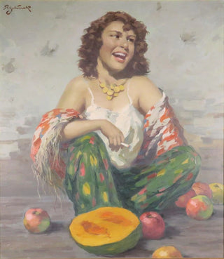 Rudolf Jelinek - Zigaretten rauchende Zigeunerin mit Obst.webp
