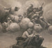 Saint kneeling before a book resting on an eagle, raising his eyes to the sky where three male saints and five putti rest on clouds - Anonymous — artwork view