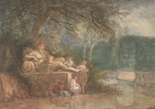 Salomon Gessner - A Park with Figures at a Statue near Water.webp
