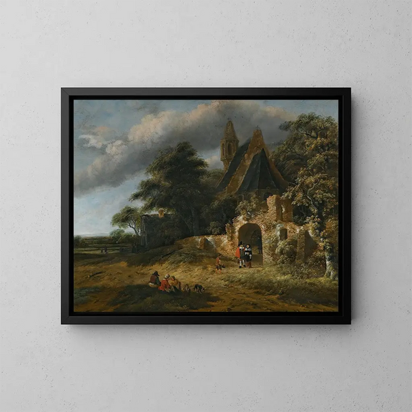 Un paisaje con figuras frente a las paredes de una iglesia en ruinas - Salomon Rombouts — cuadro enmarcado en la pared