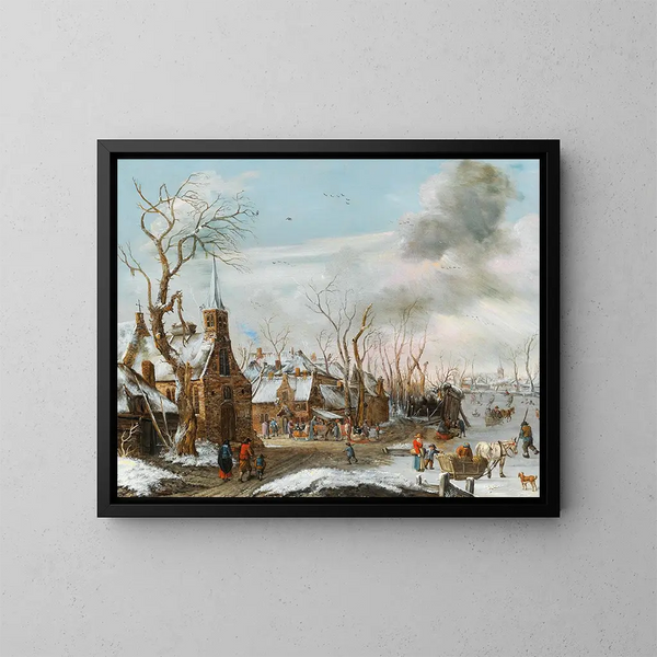 Un paisaje de invierno con una escena de mercado - Salomon Rombouts — cuadro enmarcado en la pared