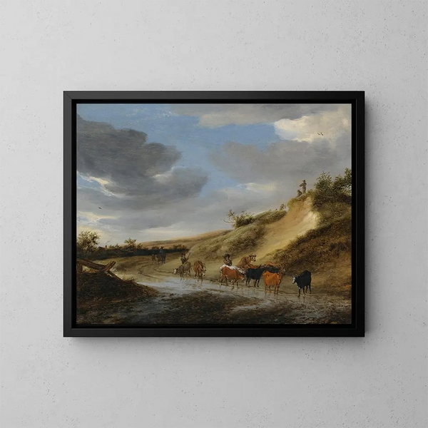 Un vasto paisaje con ganado y sus pastores siguiendo un camino rural parcialmente inundado - Salomon van Ruysdael — cuadro enmarcado en la pared