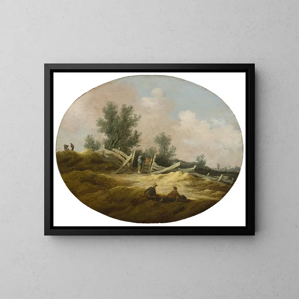 Paisaje con una cerca de madera y figuras - Salomon van Ruysdael — cuadro enmarcado en la pared