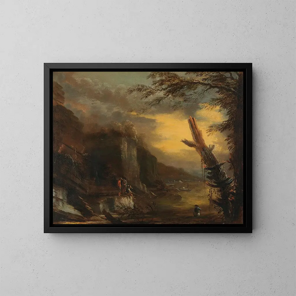 Figures fishing in a rocky coastal landscape - Salvator Rosa — framed artwork on a wall