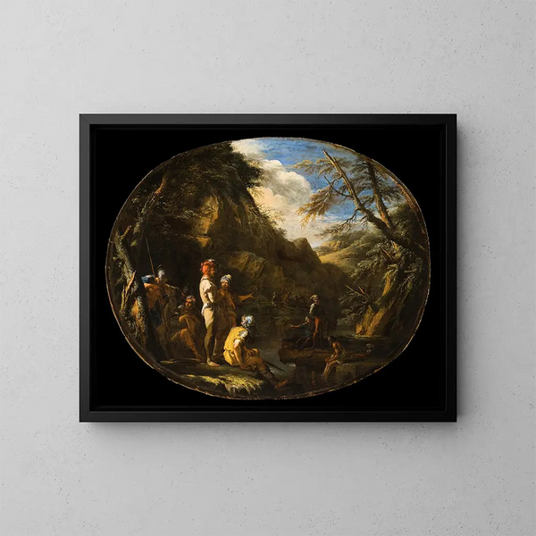 Landscape painting with armed men - Salvator Rosa — framed artwork on a wall