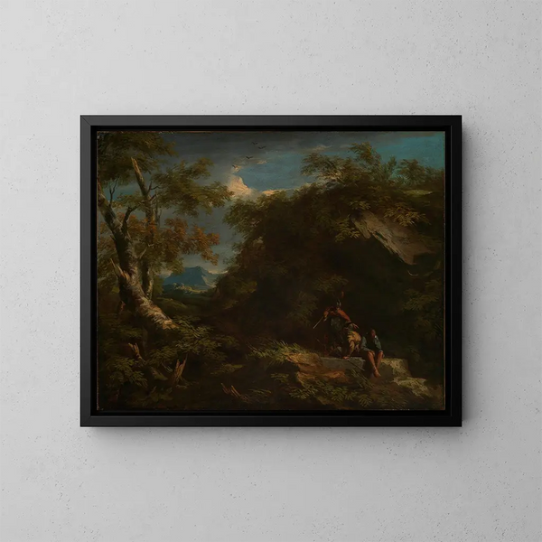 Landscape forest mountain painting with resting warriors - Salvator Rosa — framed artwork on a wall
