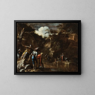 Escena de la historia griega: Tales haciendo fluir el río por ambos lados del ejército lidio - Salvator Rosa — cuadro enmarcado en la pared