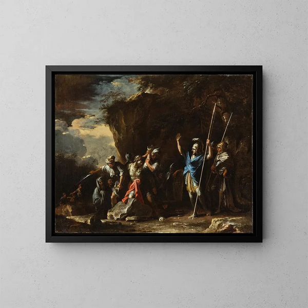 Scene from Greek history: the mute son of King Croesus prevents the Persians from killing his father - Salvator Rosa — framed artwork on a wall