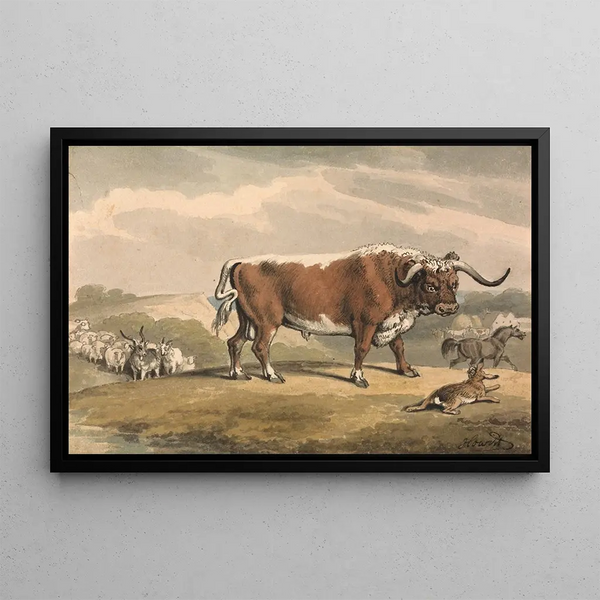 Un toro y un conejo - Samuel Howitt — cuadro enmarcado en la pared