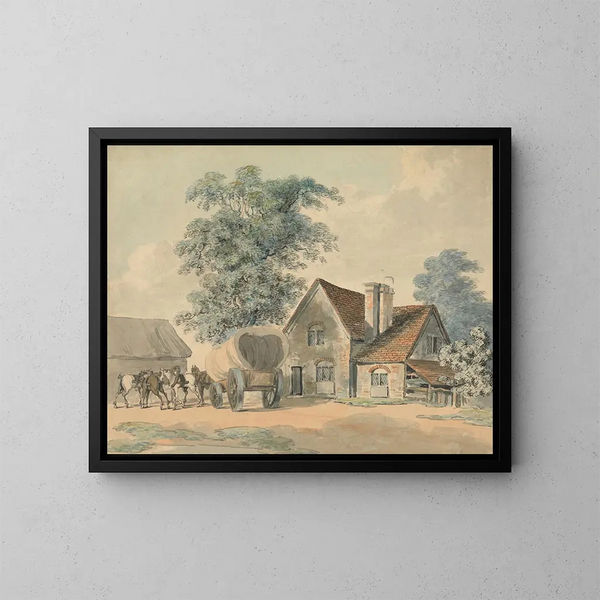 caballos y carro delante de una cabaña - Samuel Howitt — cuadro enmarcado en la pared