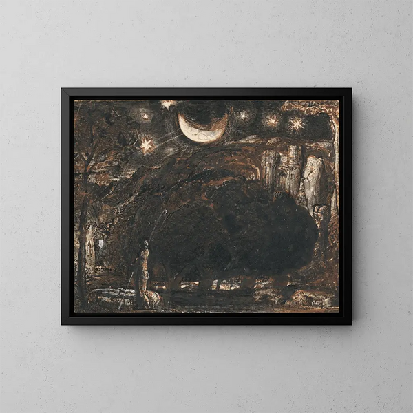 Un pastor y su rebaño bajo la luna y las estrellas - Samuel Palmer — cuadro enmarcado en la pared