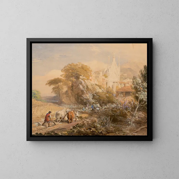 Campo de cosecha y monasterio de La Vocatella cerca de Corpo di Cava - Samuel Palmer — cuadro enmarcado en la pared