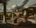 Vista de una villa con una mujer sentada junto a una fuente y un camino de estatuas - Samuel van Hoogstraten — vista de la obra